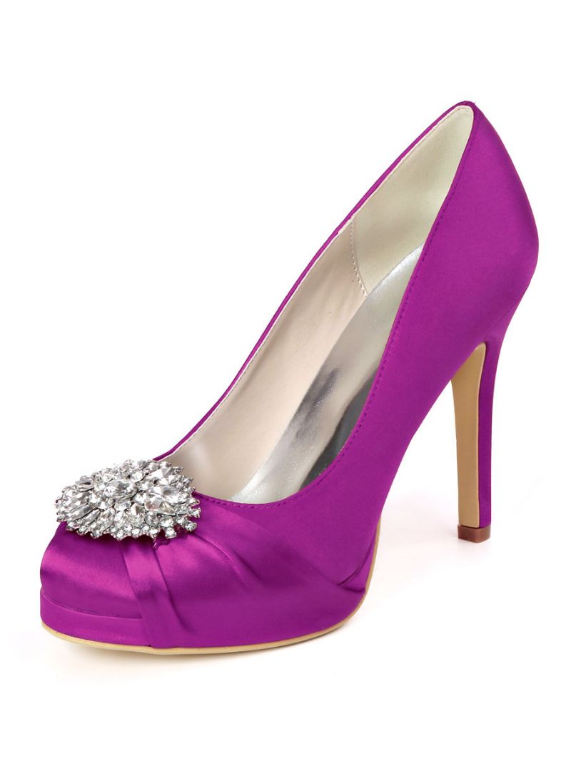 Dame Rhinestone Platform Brudesko Hældede Pumps I Satin - Lilla