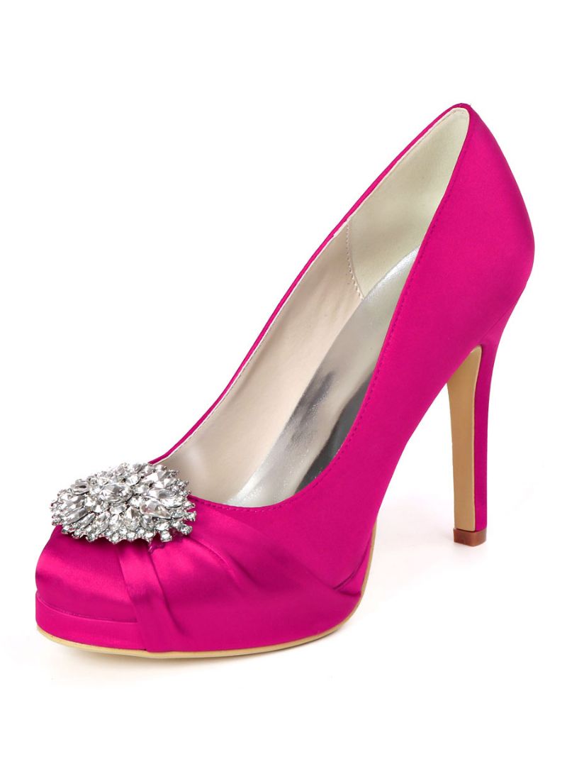 Dame Rhinestone Platform Brudesko Hældede Pumps I Satin - Rose