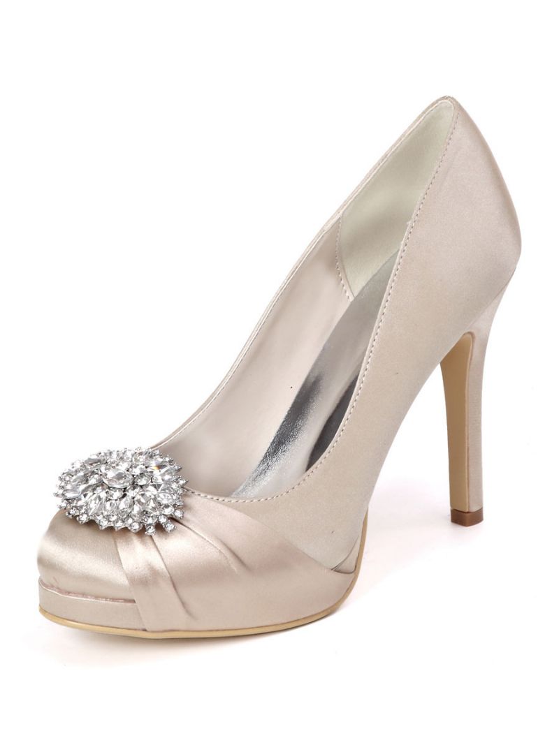 Dame Rhinestone Platform Brudesko Hældede Pumps I Satin - Champagne