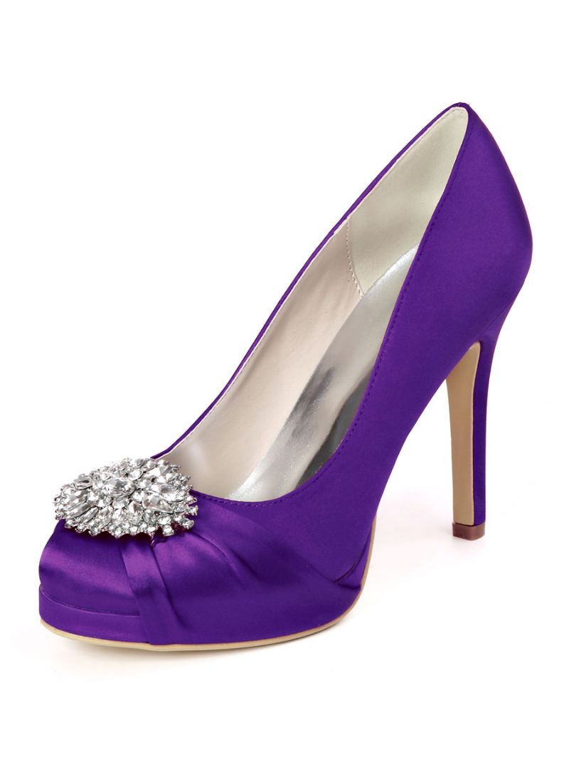 Dame Rhinestone Platform Brudesko Hældede Pumps I Satin - Dyb Lilla