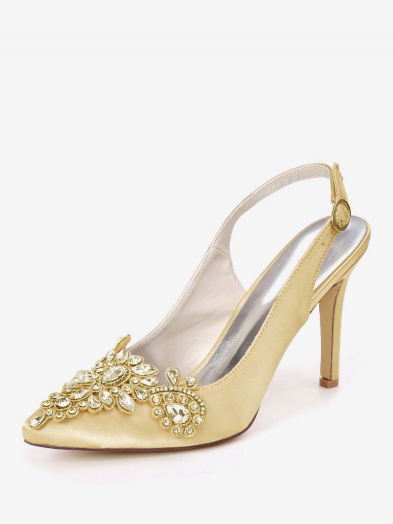 Dame Rhinestones Brude Sko Slingback Hæle - Guld