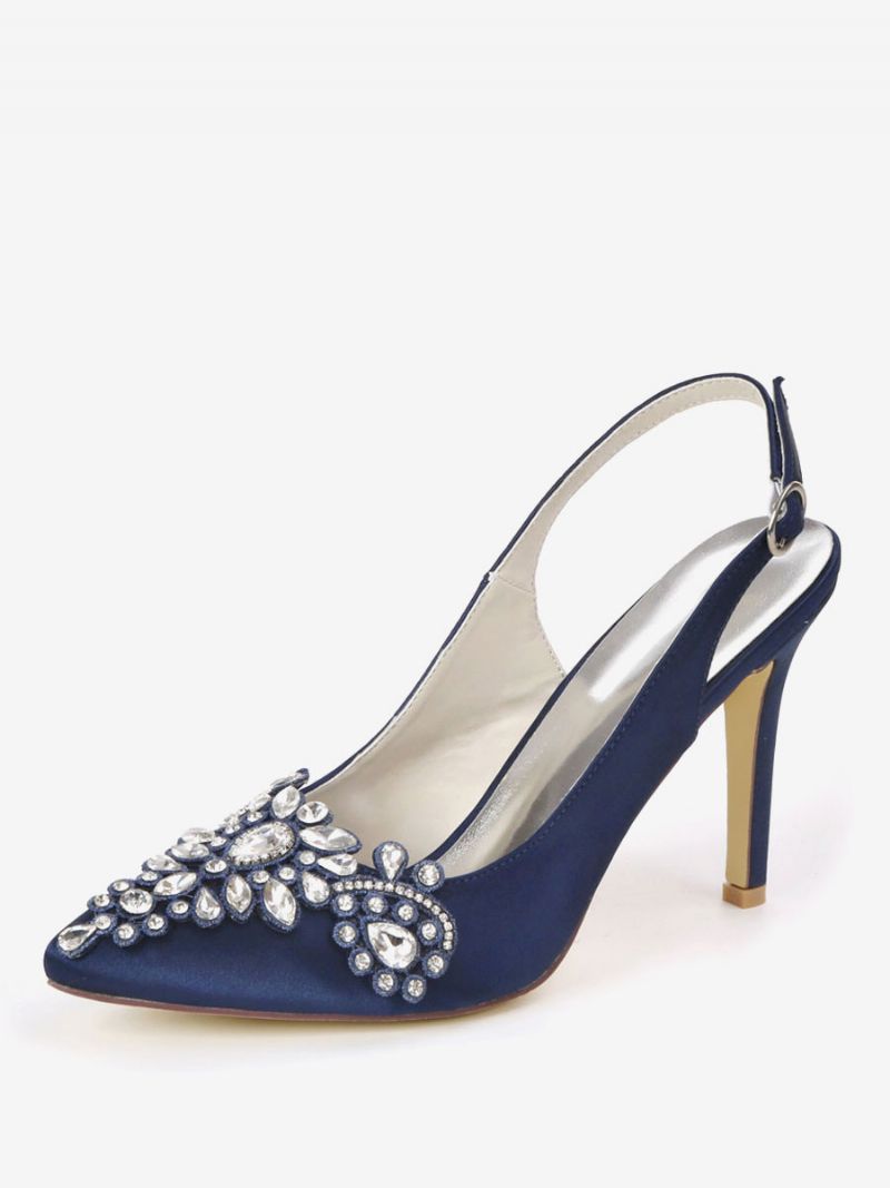 Dame Rhinestones Brude Sko Slingback Hæle - Dybblå