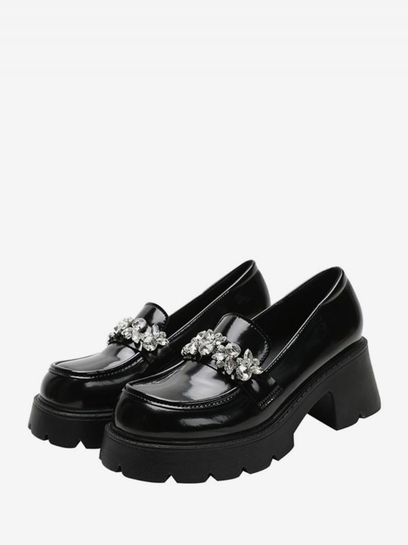 Dame Rhinestones Chunky Heel Pu Læder Loafers Med