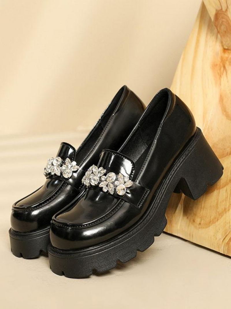 Dame Rhinestones Chunky Heel Pu Læder Loafers Med - Sort