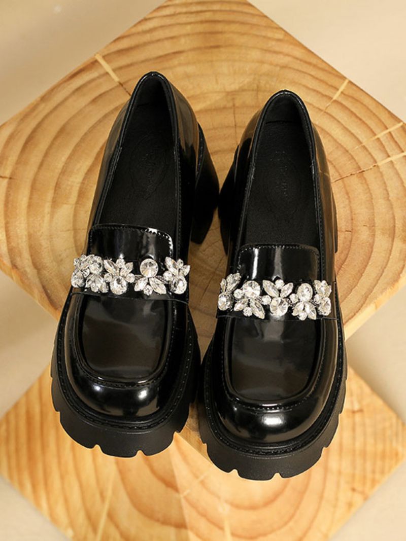 Dame Rhinestones Chunky Heel Pu Læder Loafers Med - Sort