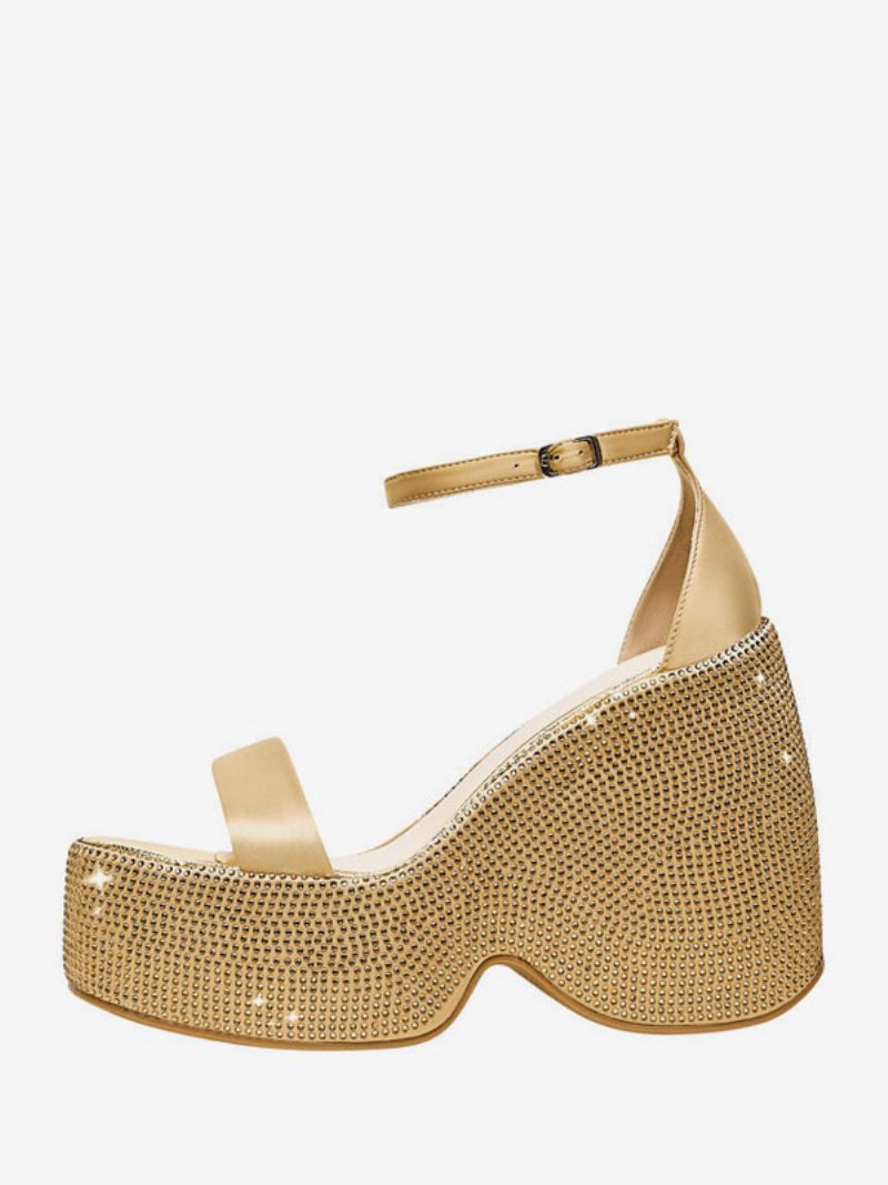 Dame Rhinestones Pu Læder Kile Sandaler - Guld