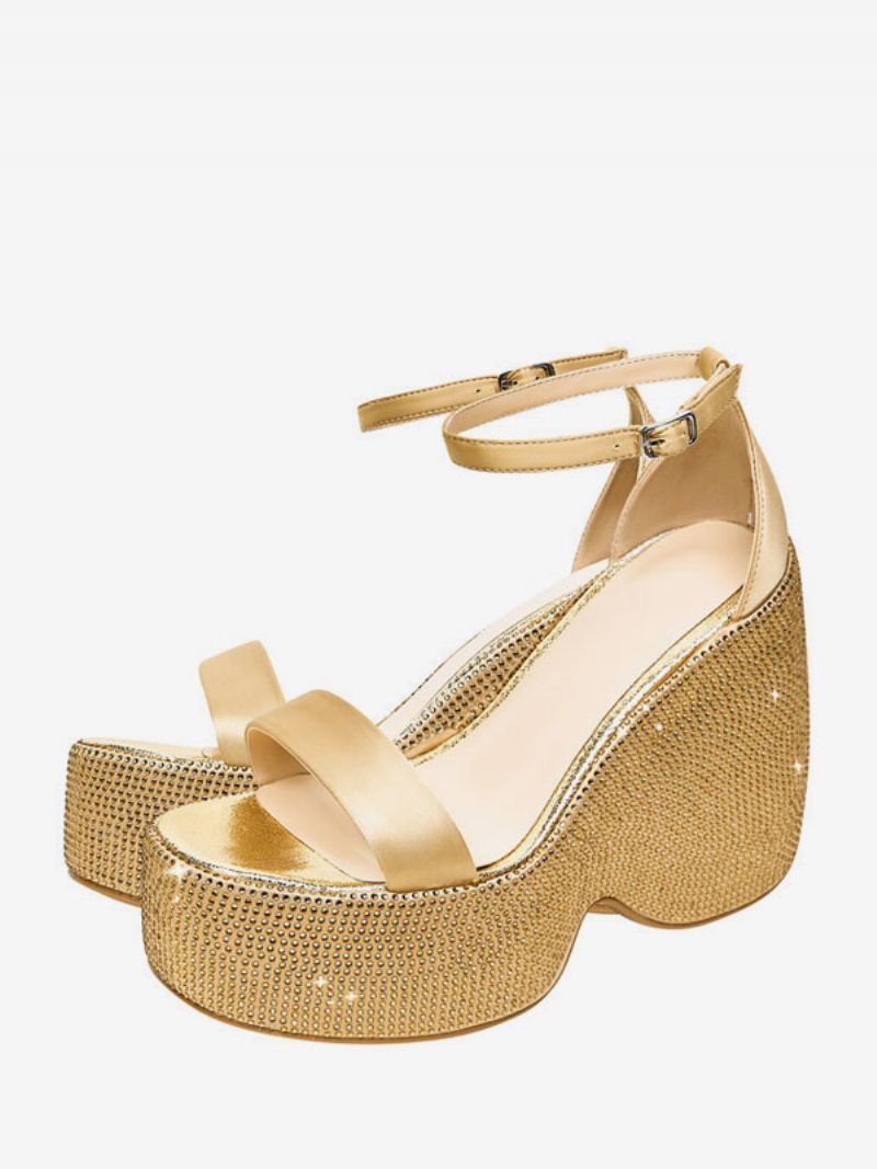 Dame Rhinestones Pu Læder Kile Sandaler - Guld