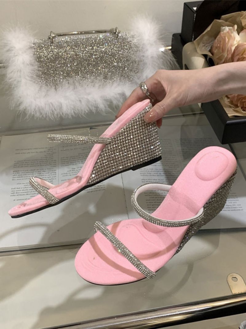 Dame Rhinestones Slingbacks Pu Læder Wedge Sandaler Ind - Pink