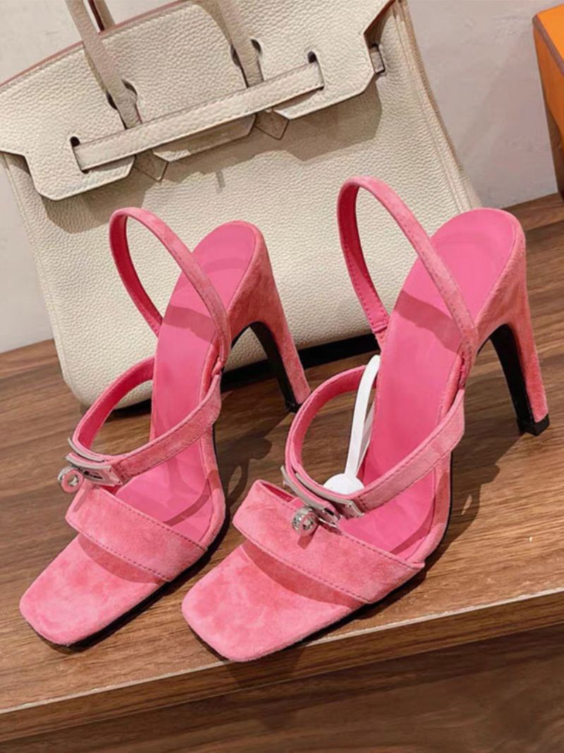 Dame Ruskind Højhælede Sandaler Firkantet Tåspænde Detalje Strappy Sandal Sko - Rose