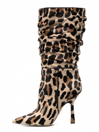 Dame Slouch Leopard Print Stilethæl Mid Calf Støvler