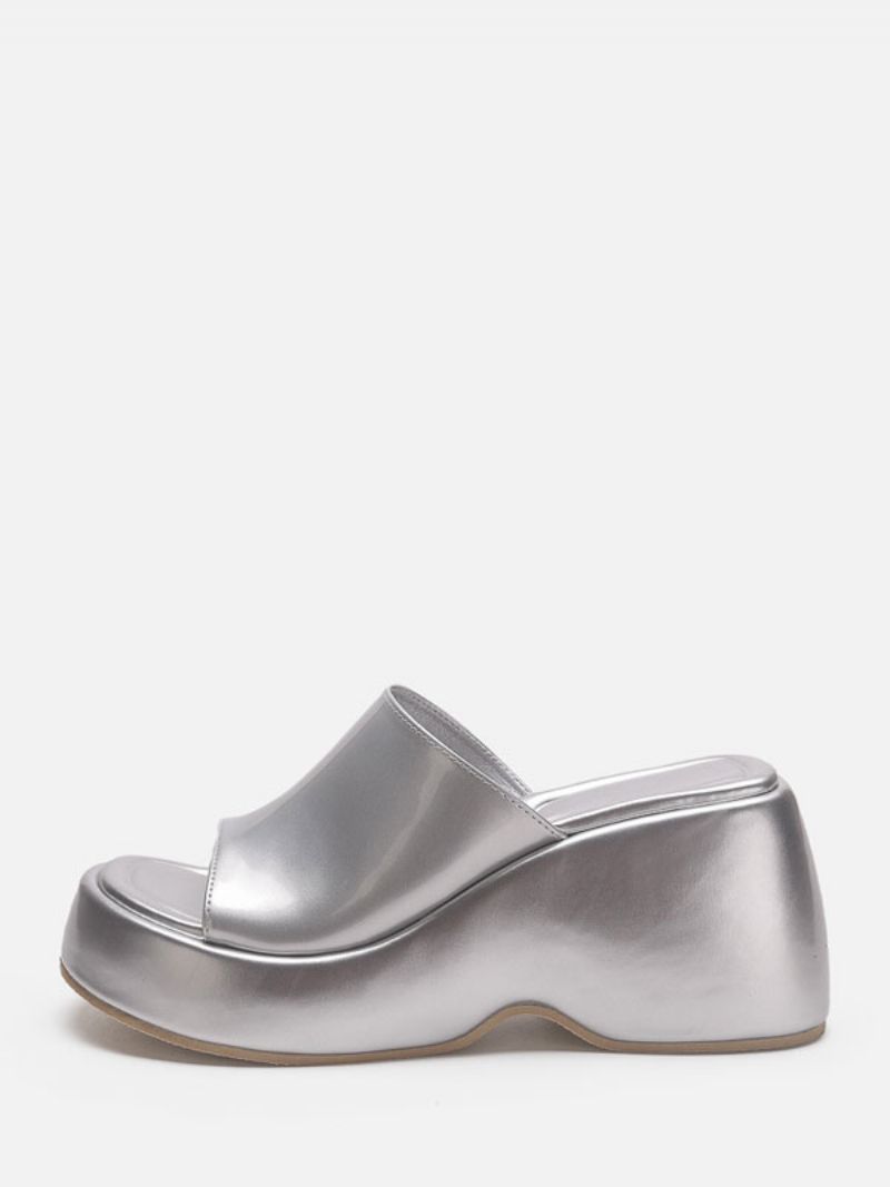 Dame Sølv Sandal Slides Metallic Platform Flatform Slip-on Mules