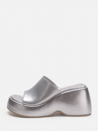 Dame Sølv Sandal Slides Metallic Platform Flatform Slip-on Mules