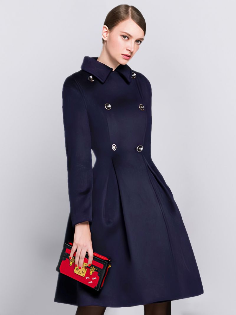 Dame Vinterfrakke Dobbeltradet Flared Coat - Mørk Navy