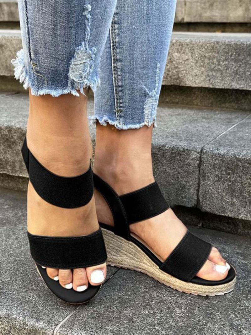 Dame Wedgeespadrilles Sandaler Street Wear Pu Læder Åben Tåespadrilles - Sort