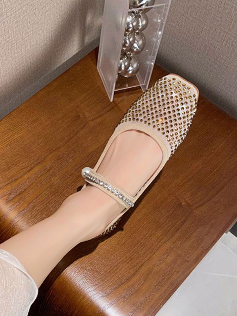 Damebalsko Rhinestones Square Toe Mary Jane Ballet Flats - Guld