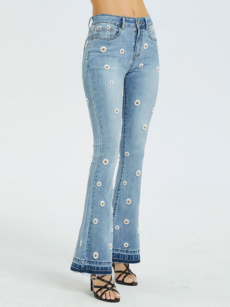 Damebootcut-jeans Daisy-broderede Mellemhøjde Flare-underdele - Blå