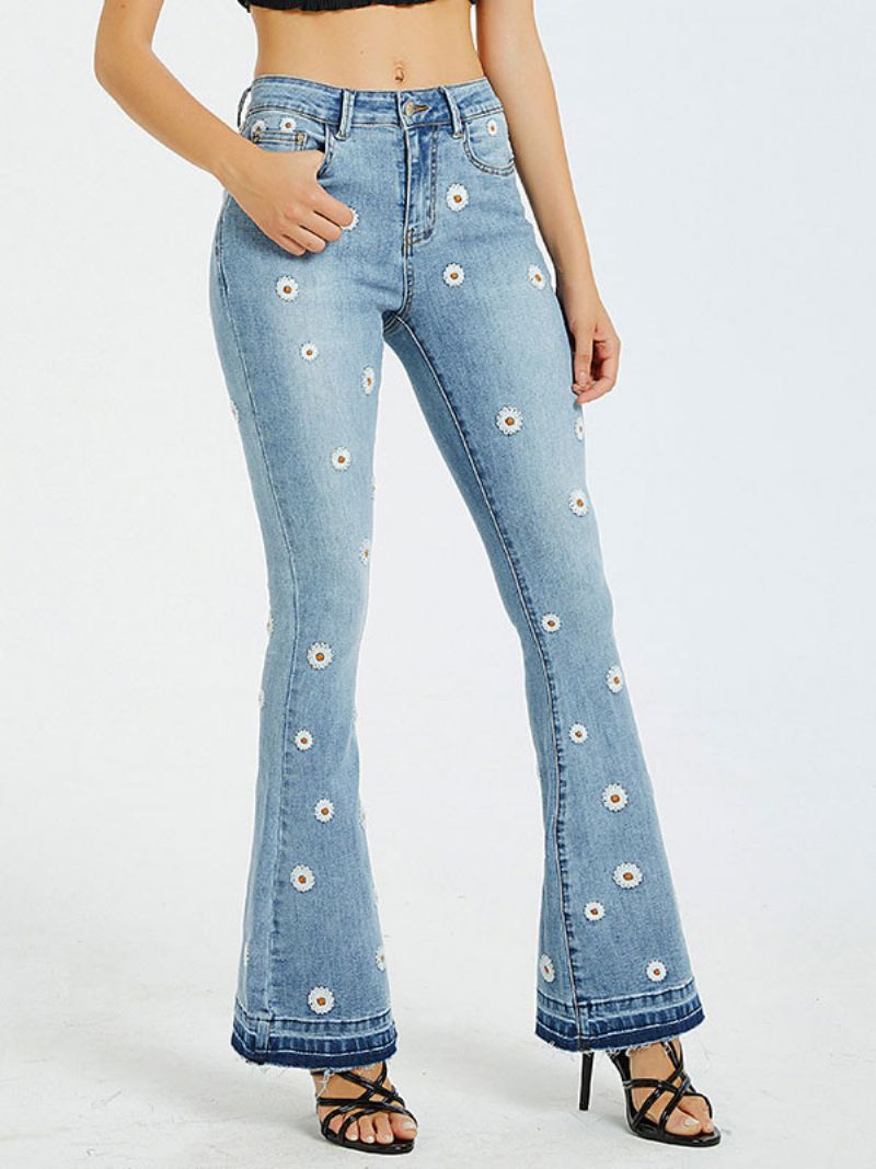 Damebootcut-jeans Daisy-broderede Mellemhøjde Flare-underdele - Blå