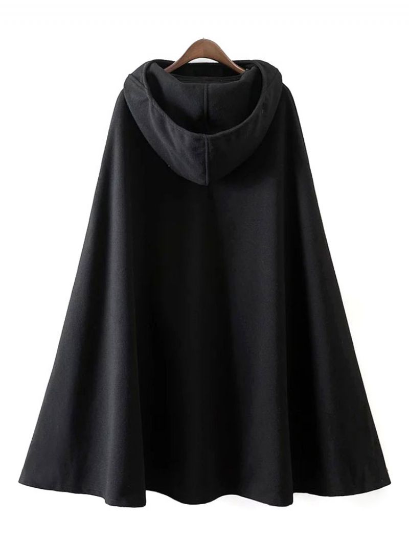 Damefrakke Cape Hoodie Jakke Poncho Coat - Sort