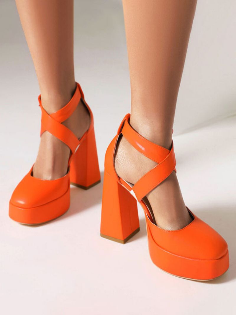 Damehæle Rund Toe Pumps Chunky Heel Pu-læder - Orange