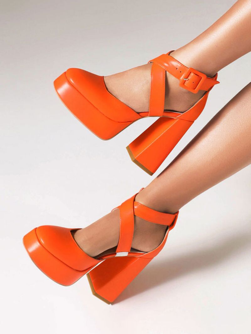 Damehæle Rund Toe Pumps Chunky Heel Pu-læder - Orange