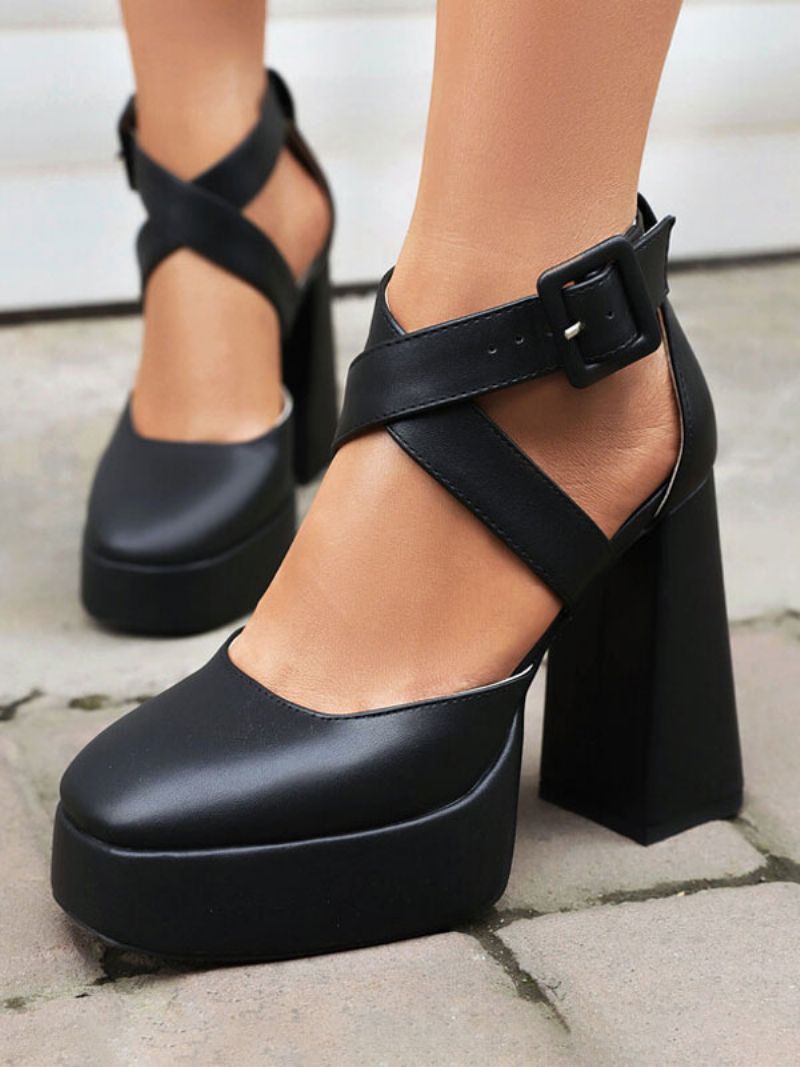 Damehæle Rund Toe Pumps Chunky Heel Pu-læder - Sort