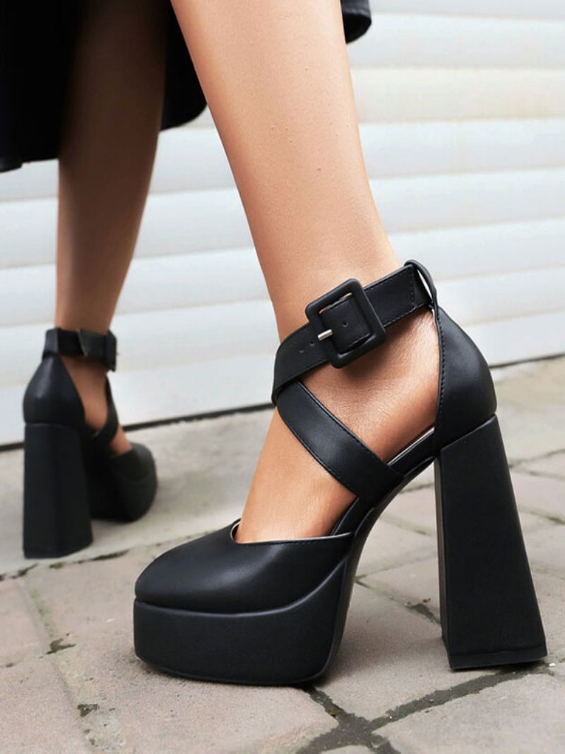 Damehæle Rund Toe Pumps Chunky Heel Pu-læder - Sort