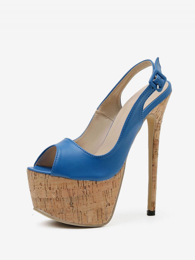 Damehælede Sandaler Stilethæl Pu Læder Peep Toe Blå Højhælede Slingback Pumps