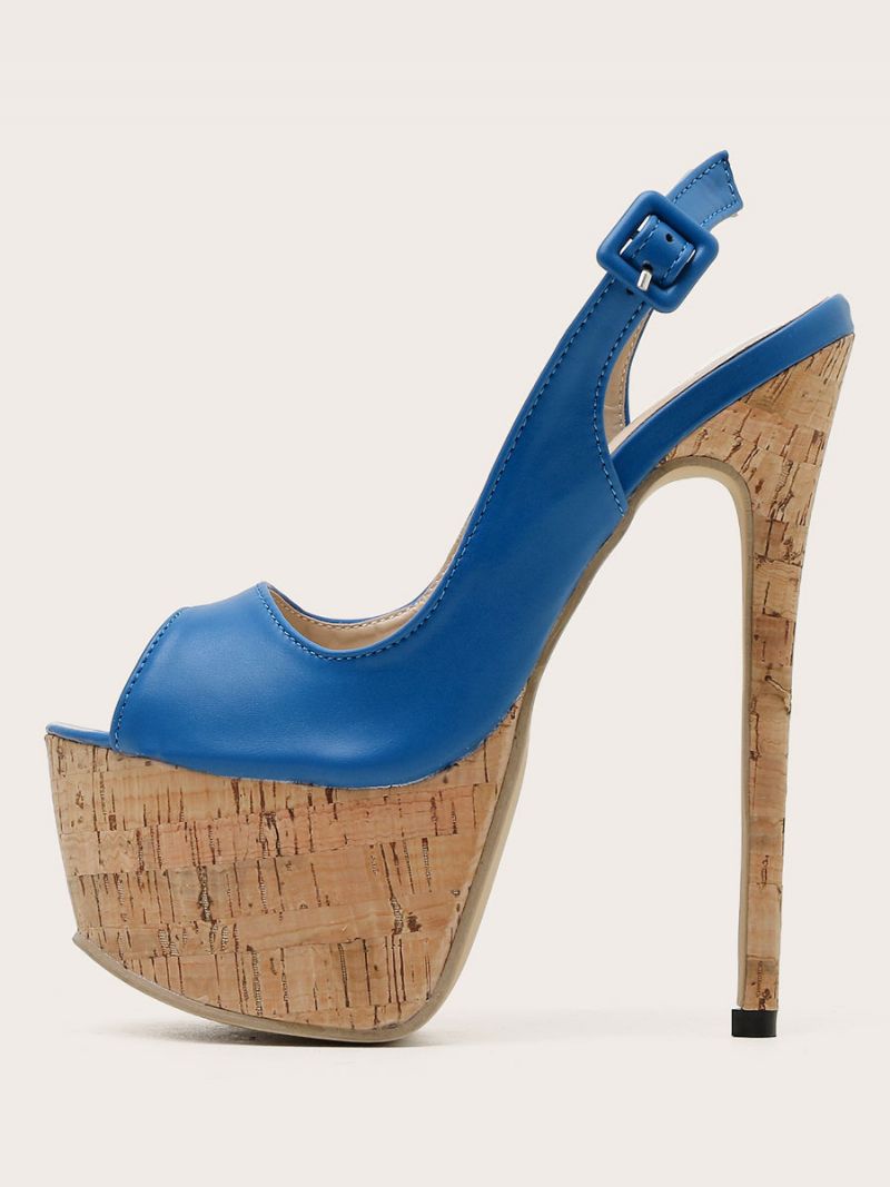 Damehælede Sandaler Stilethæl Pu Læder Peep Toe Blå Højhælede Slingback Pumps - Blå