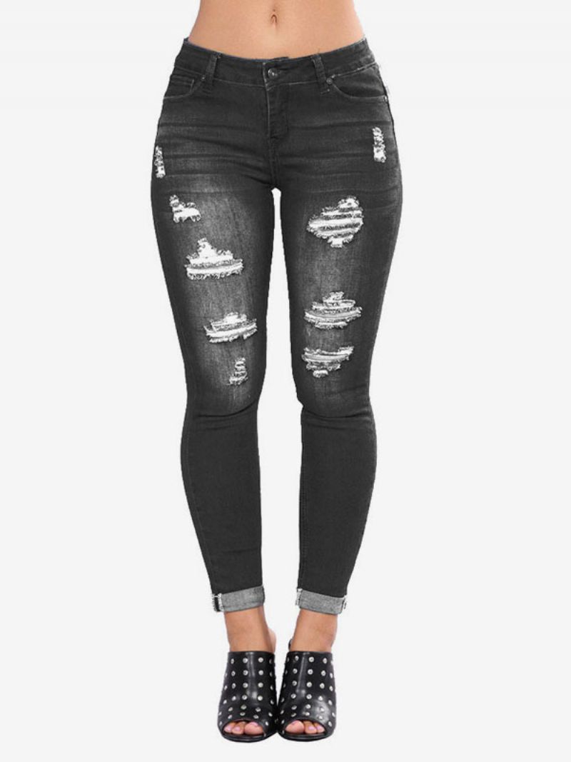 Damejeans Moderne Nødlidende Skinny Bomuldsunderdele - Sort