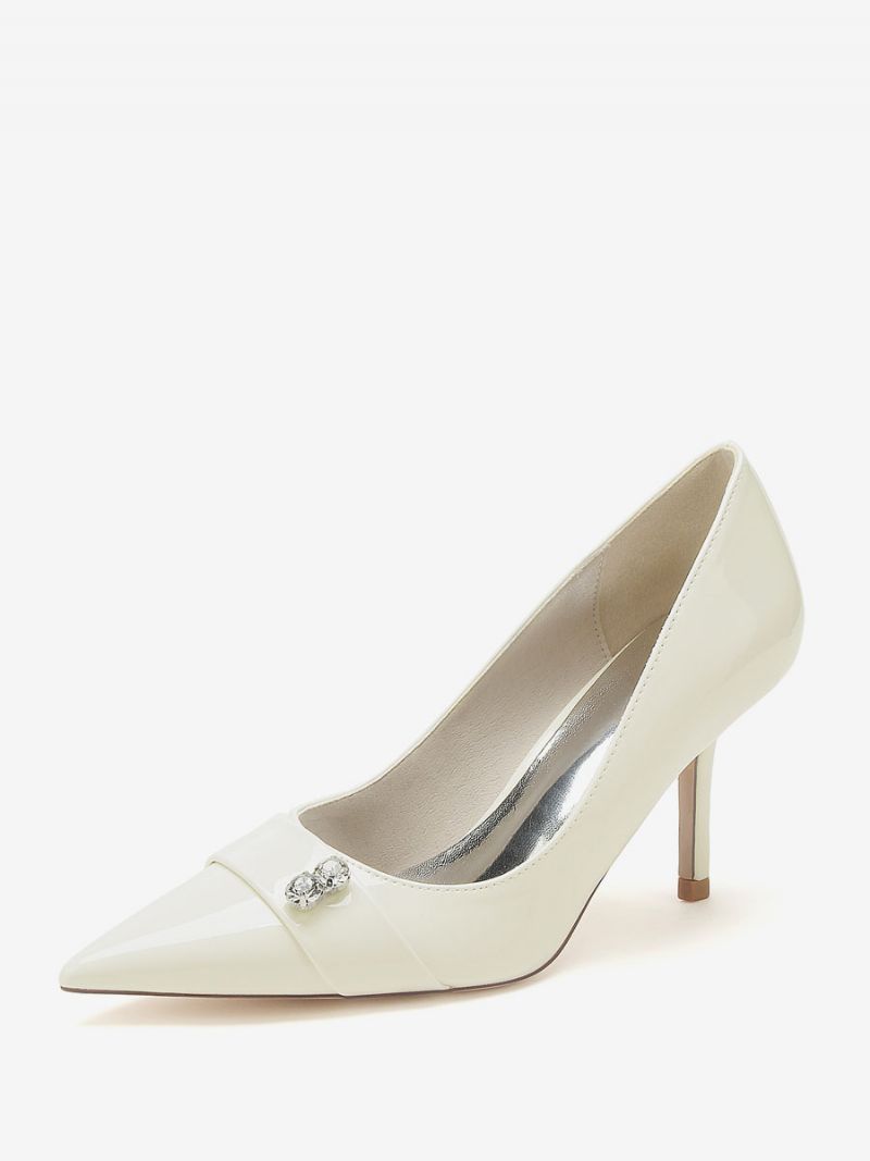 Damemor Til Brudesko Patent Pu Øvre Spidstå Rhinestones Højhælede Pumps - Beige