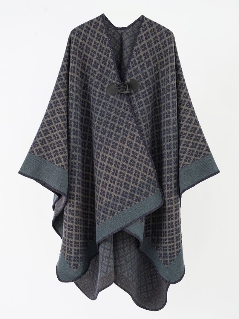 Dameprintede Cape Toggle Lukning Daglig Casual Poncho - Mørk Navy