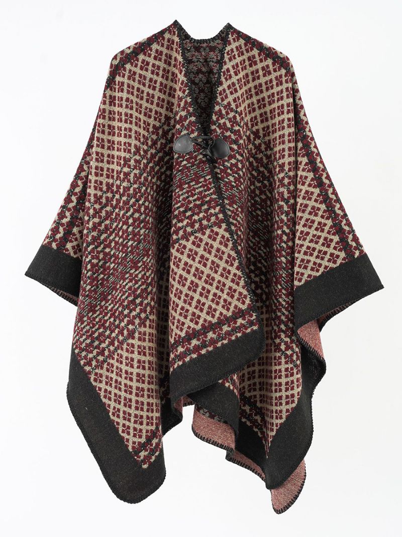 Dameprintede Cape Toggle Lukning Daglig Casual Poncho - Burgunder