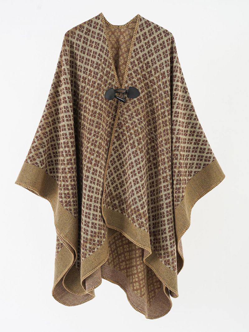 Dameprintede Cape Toggle Lukning Daglig Casual Poncho - Kaffebrun