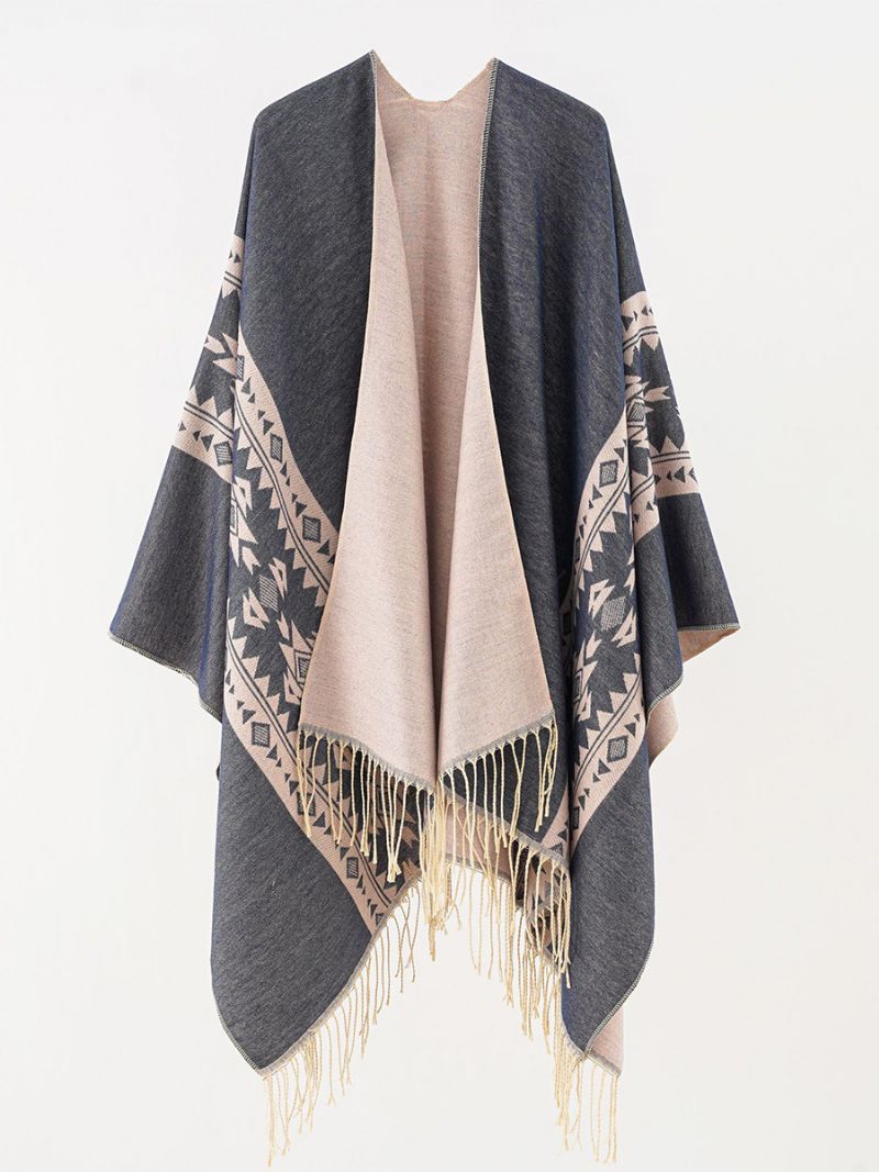 Dameprintede Poncho Daily Casual Cape Med Frynser - Dark Navy