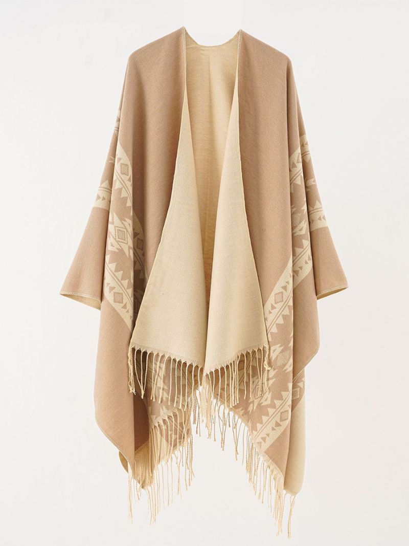 Dameprintede Poncho Daily Casual Cape Med Frynser - Khaki