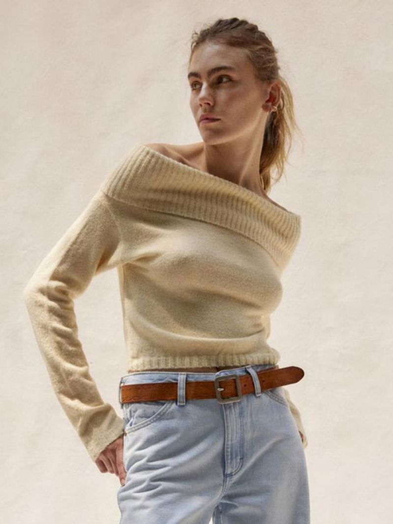 Dametrøjetrøje Off Shoulder Langærmede Cropped Ribbed Top - Lysegul