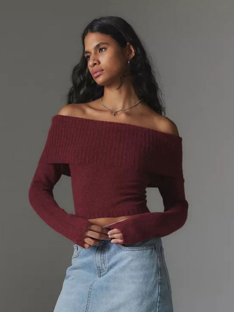 Dametrøjetrøje Off Shoulder Langærmede Cropped Ribbed Top - Burgunder