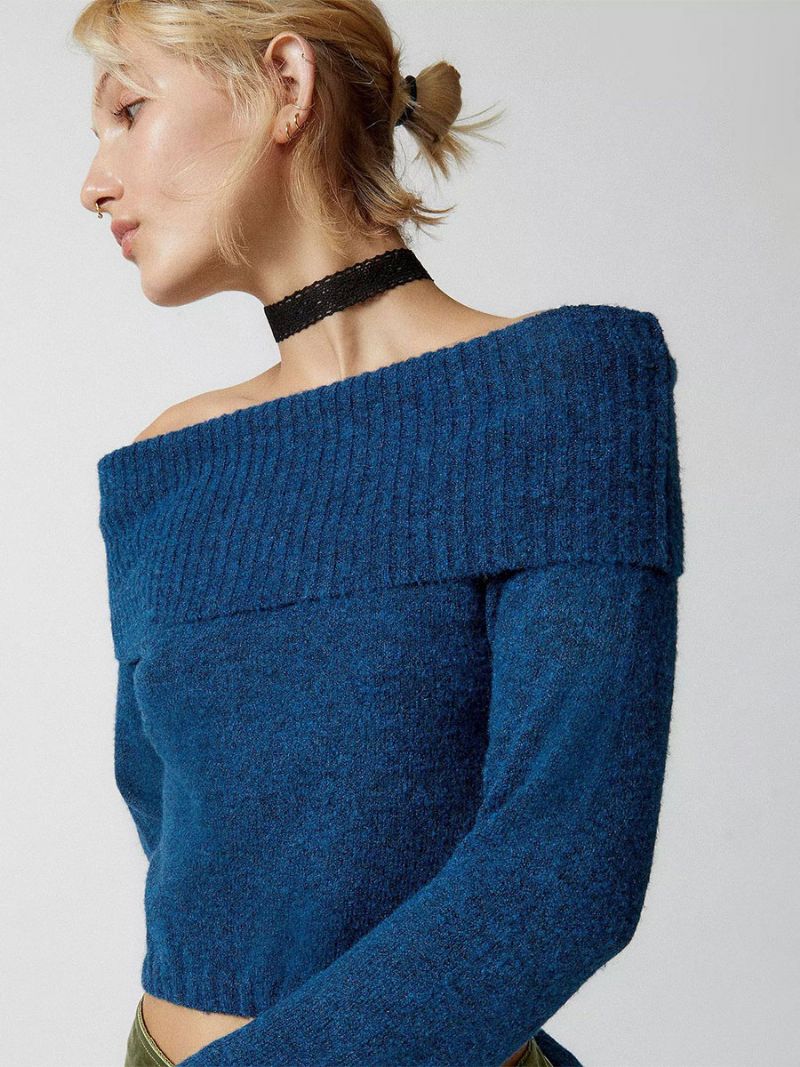 Dametrøjetrøje Off Shoulder Langærmede Cropped Ribbed Top - Blå