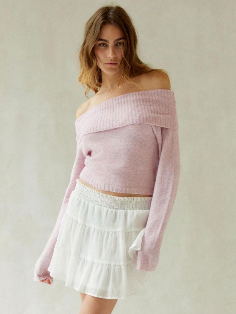 Dametrøjetrøje Off Shoulder Langærmede Cropped Ribbed Top - Pink