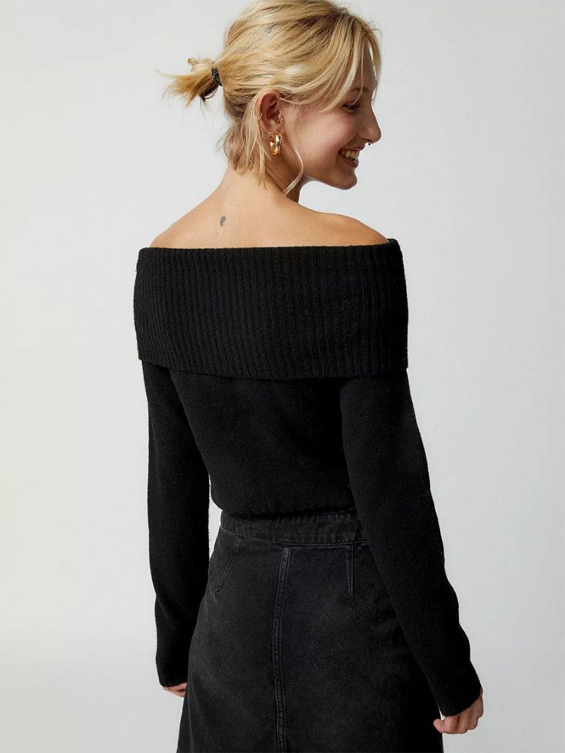 Dametrøjetrøje Off Shoulder Langærmede Cropped Ribbed Top - Sort