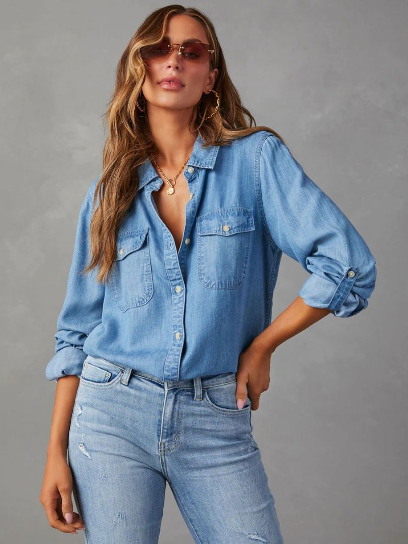 Denim Bluse Til Kvinder Turndown Krave Flap Lommer Daglige Toppe