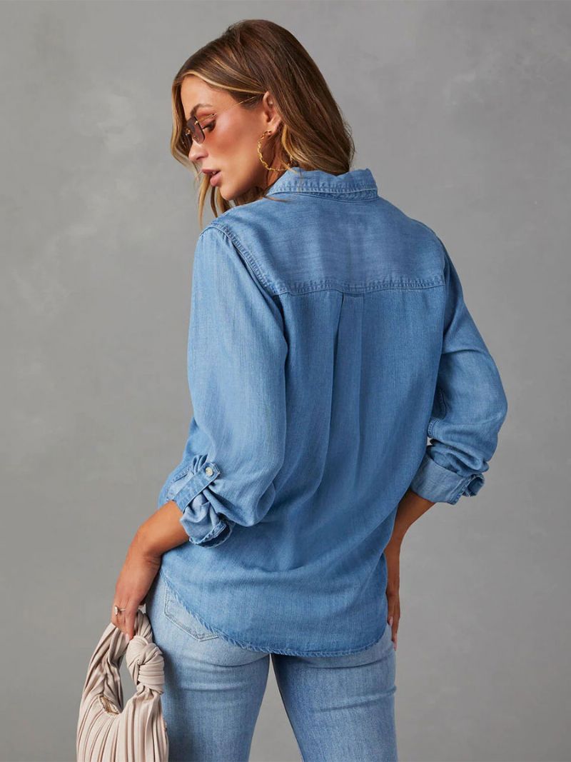 Denim Bluse Til Kvinder Turndown Krave Flap Lommer Daglige Toppe - Blå