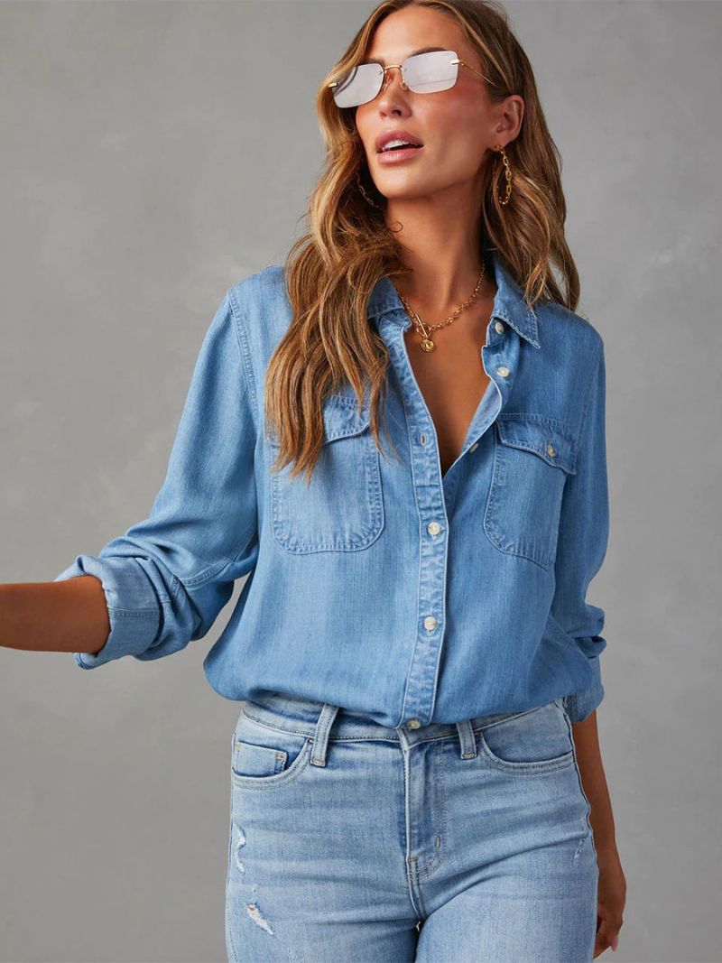 Denim Bluse Til Kvinder Turndown Krave Flap Lommer Daglige Toppe - Blå