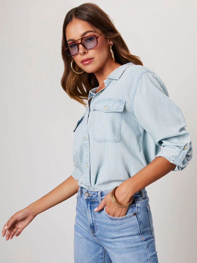 Denim Bluse Til Kvinder Turndown Krave Flap Lommer Daglige Toppe - Lys Himmelblå