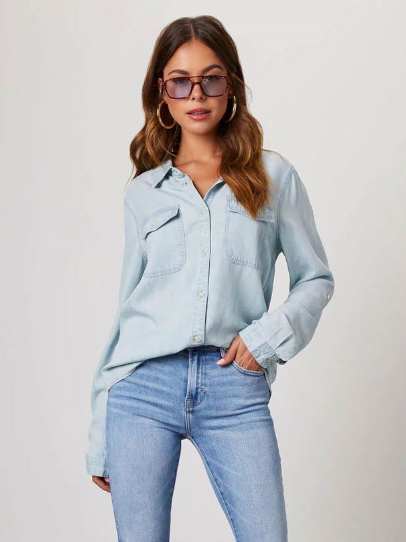 Denim Bluse Til Kvinder Turndown Krave Flap Lommer Daglige Toppe - Lys Himmelblå