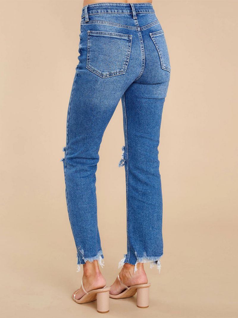 Distressed Jeans Tapered Fit Tassel Trim Lynlås Flue Damebukser - Blå