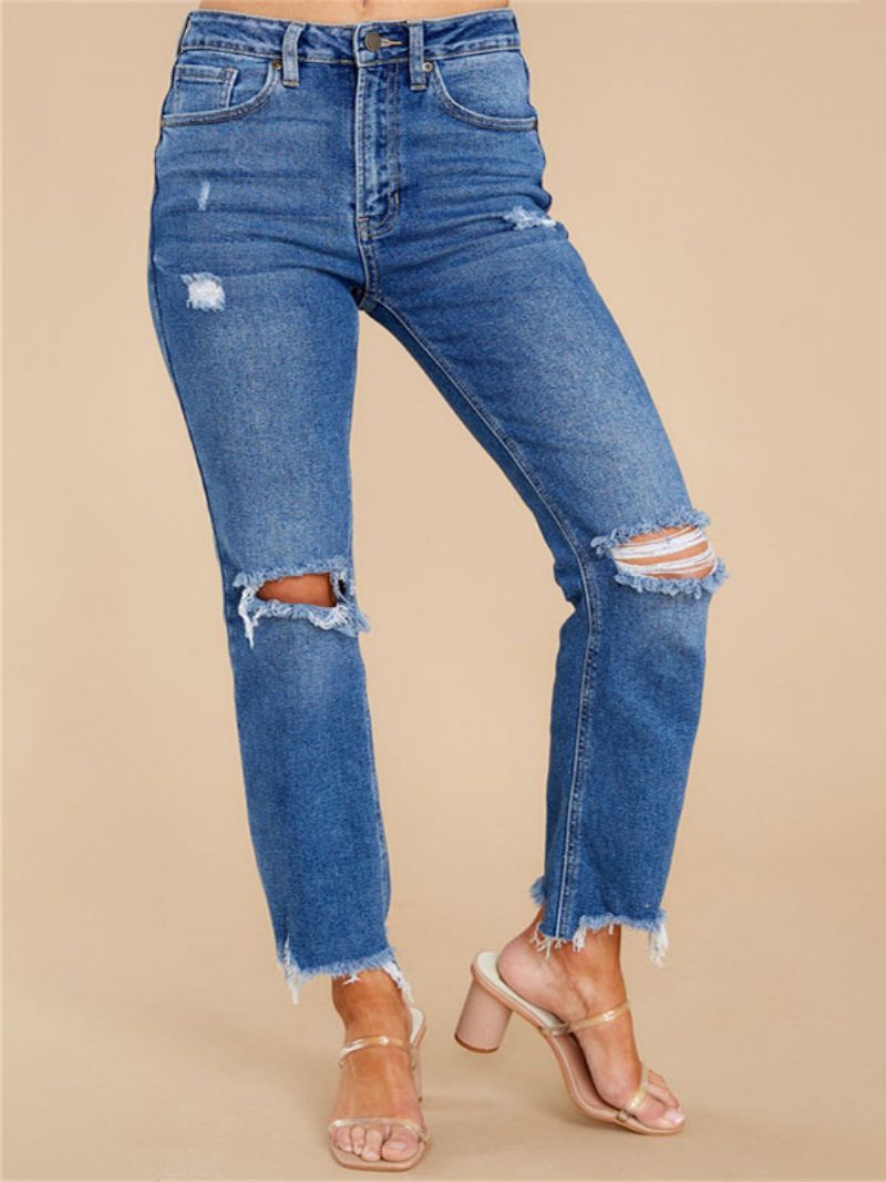 Distressed Jeans Tapered Fit Tassel Trim Lynlås Flue Damebukser - Blå