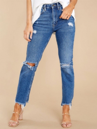 Distressed Jeans Tapered Fit Tassel Trim Lynlås Flue Damebukser