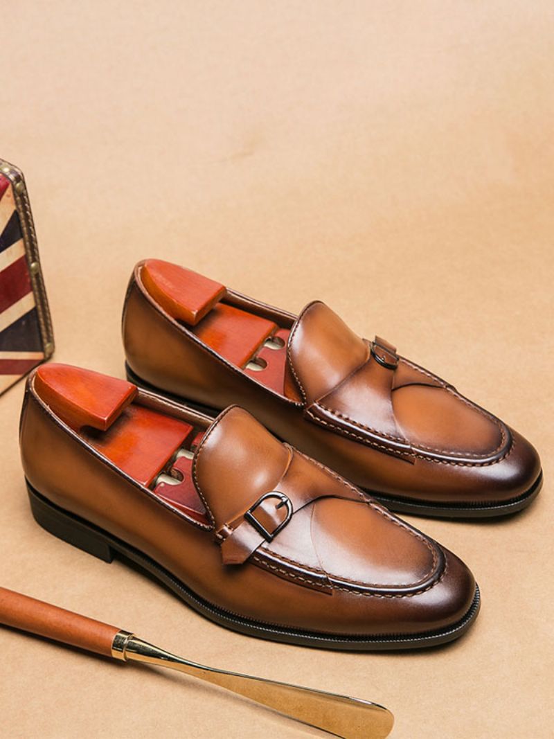 Dress Sko Til Mænd Stilfuld Rund Tå Monk Strap Slip-on Pu Læder - Kaffebrun