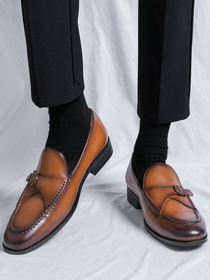 Dress Sko Til Mænd Stilfuld Rund Tå Monk Strap Slip-on Pu Læder - Kaffebrun